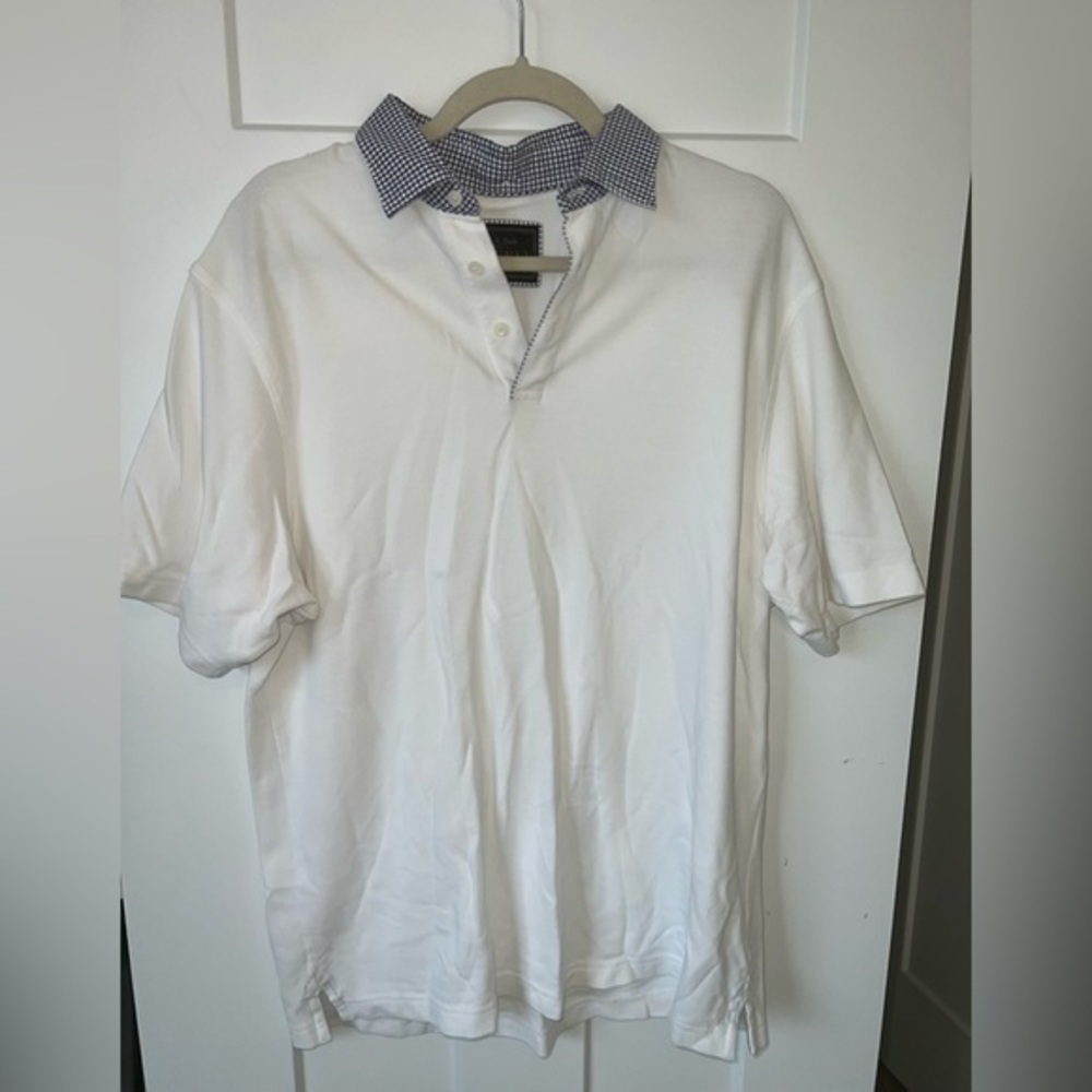 Jos. A. Banks medium white polo shirt with blue checker collar